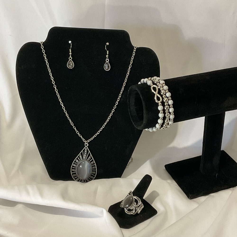 Paparazzi Women’s Jewelry Set,Shades Of Grey, Necklace Bracelet Ring Earrings